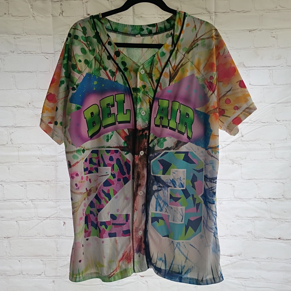 Bel-Air 23 Button Up 90s Style Jersey Graffiti Watercolor Print Mens Large